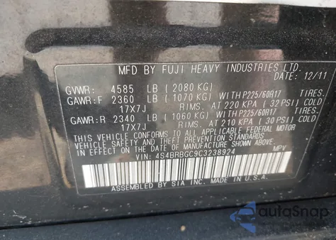 2012 Subaru Outback 2.5I Premium z USA, uszkodzony, nr VIN 4S4BRBGC9C3238924